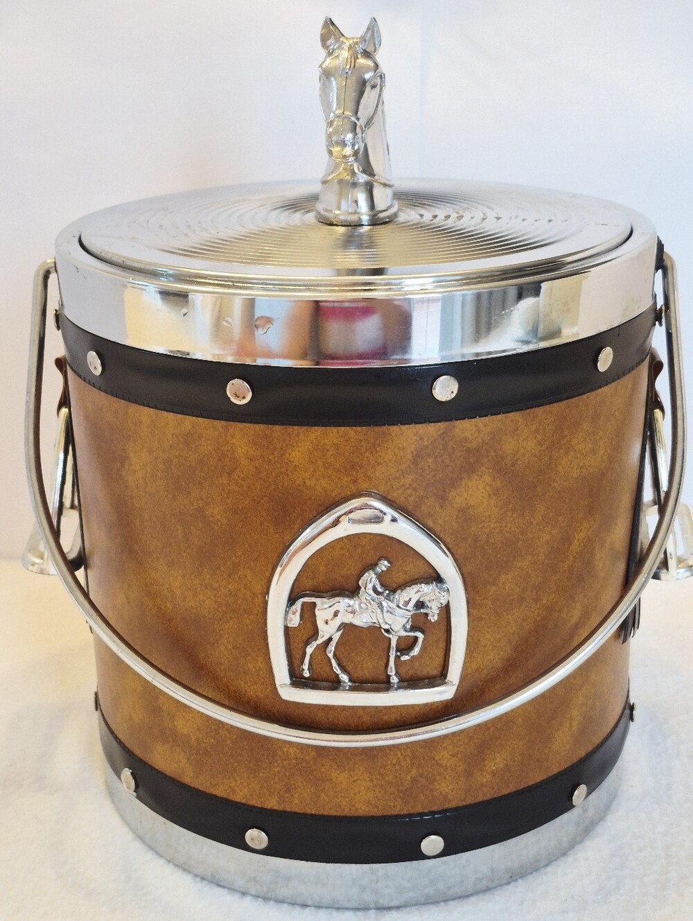 Vintage Equestrian Horse Riding Ice Bucket Faux Leather Silver Barware HK